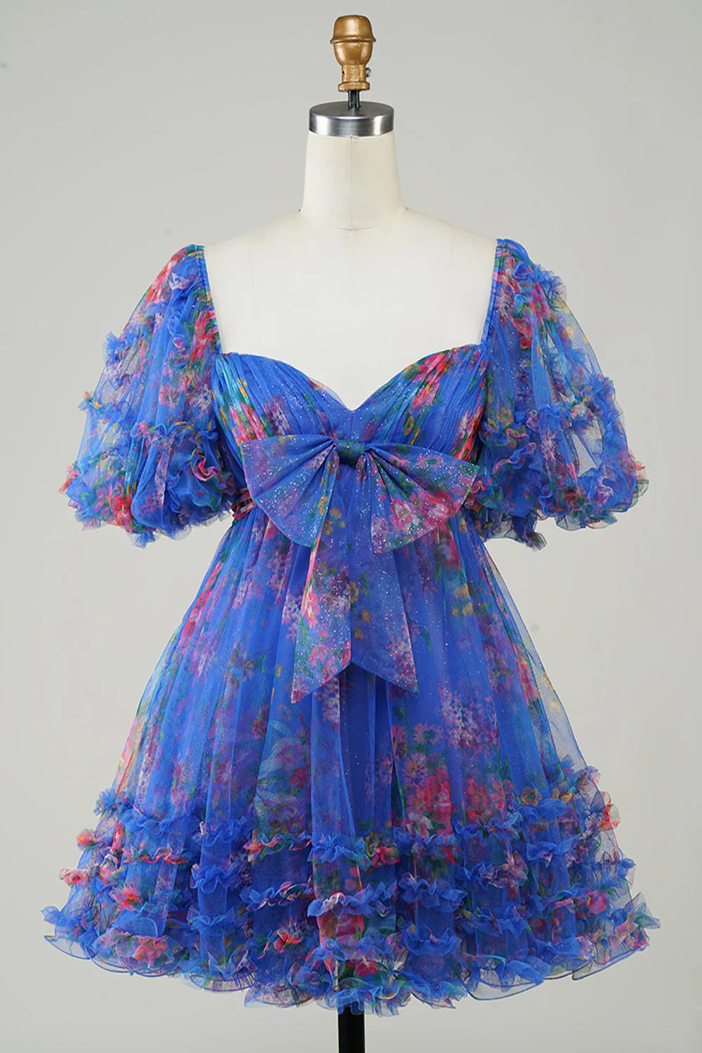Limited edition dresses for collectorsA-Line Princess Floral Printed Puff Sleeves Tulle Homecoming Dress