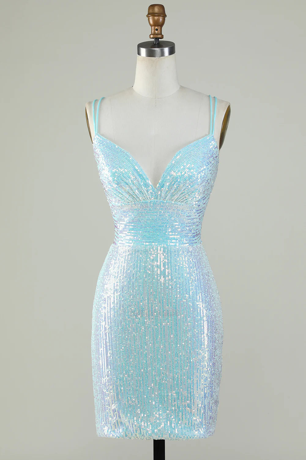 Tall women's dressesSheath Spaghetti Straps Light Blue Sequins Criss Cross Back Homecoming Dress