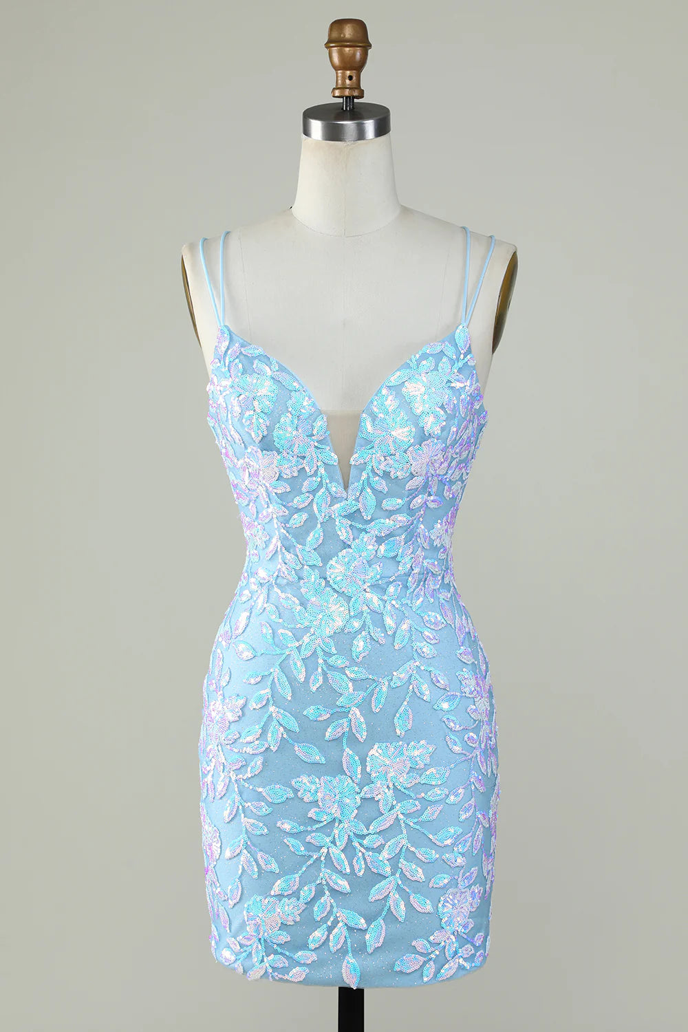 Sustainable dresses for eco-conscious womenLight Blue V-Neck Sparkly Backless With Lace Up Back Homecoming Dress