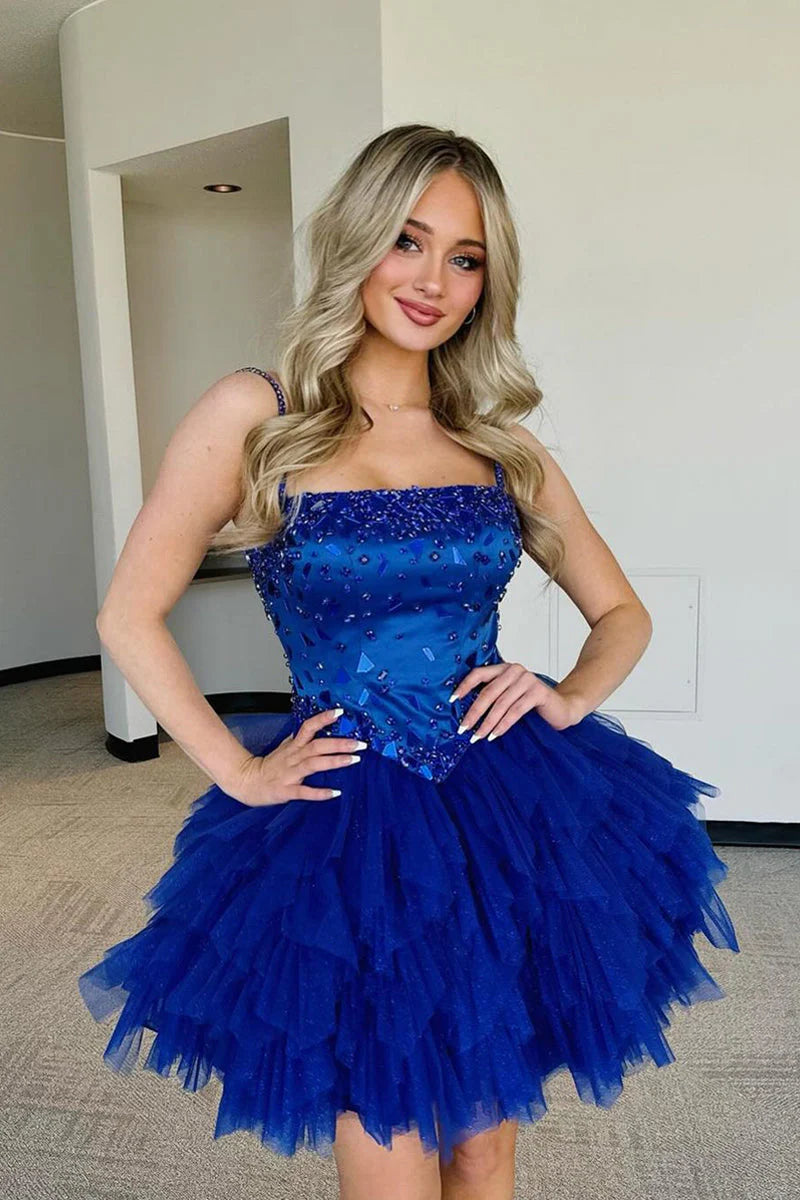 Velvet dresses for winterA Line Straps Royal Blue Ruffled Tulle Homecoming Dresses with Beading
