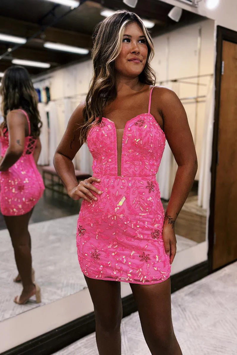 Ruched dresses for womenSexy Deep V neck Sheath With Lace Up Back Homecoming Dress
