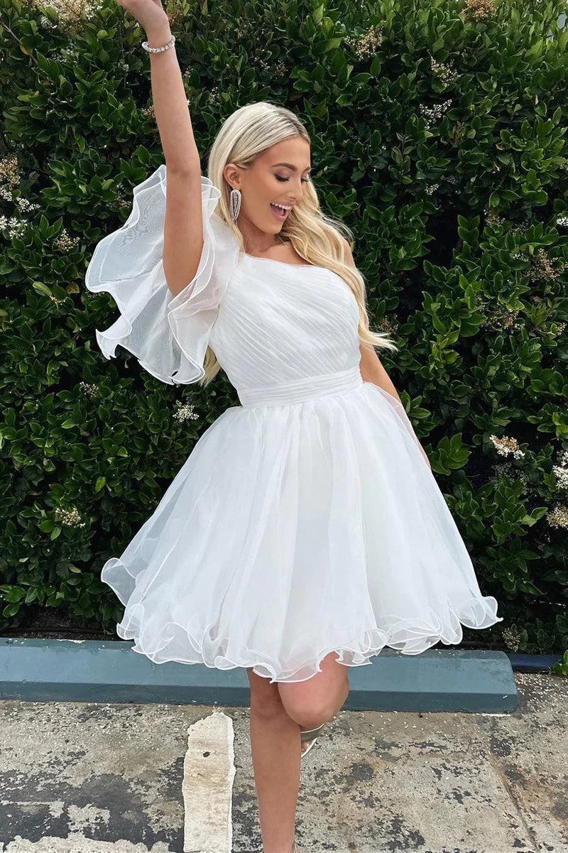 Sack dresses for womenWhite Cute A-Line One Shoulder Organza Homecoming Dress