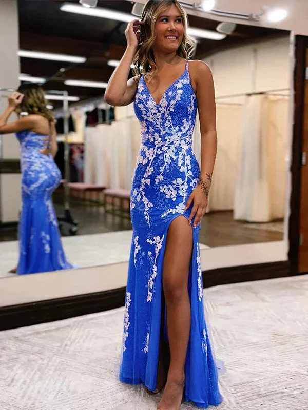 Gym wear dresses for athletic activitiesSheath/Column Tulle Applique V-neck Sleeveless Sweep/Brush Train Dresses