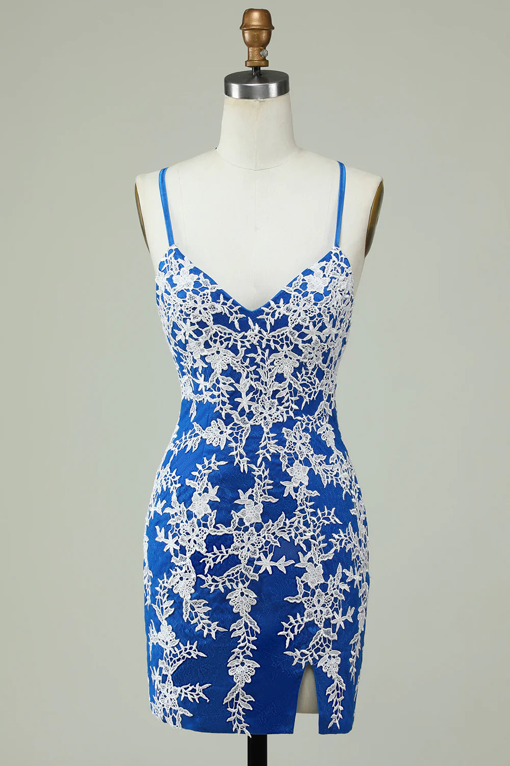 Designer dresses for high-end fashionSheath Spaghetti Straps Blue V-Neck Lace Homecoming Dress With Appliques