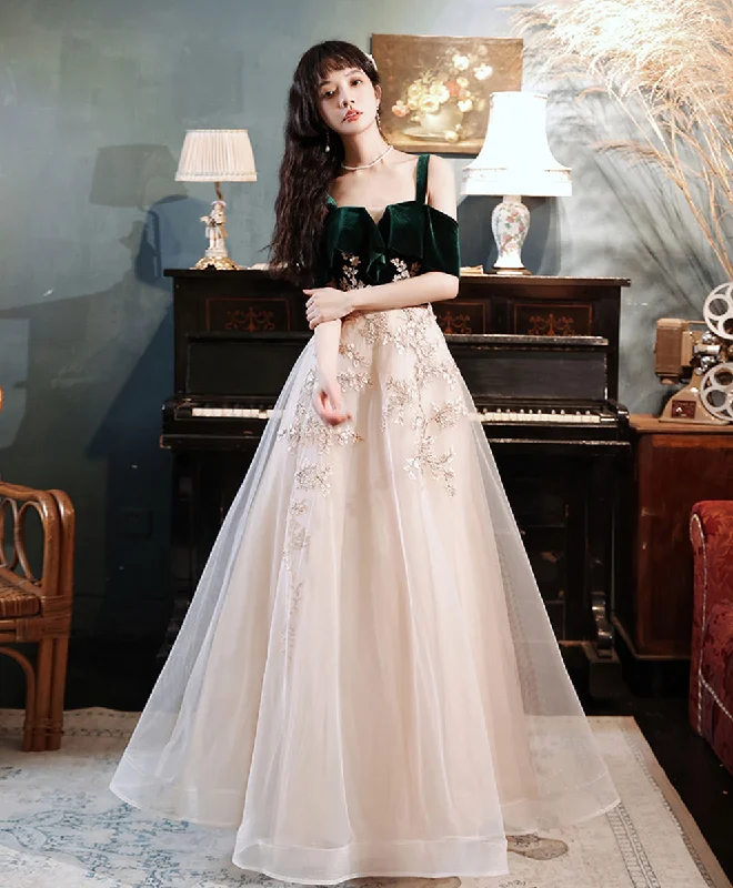 Sustainable dresses for eco-conscious womenA line Green Tulle Lace Long Prom Dress, Green Formal Evening Party Dress