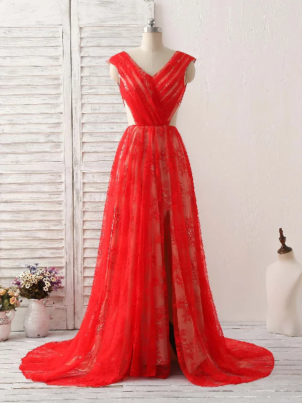 Long flowy dresses for womenRed V Neck Lace Long Prom Dress, Lace Evening Dress