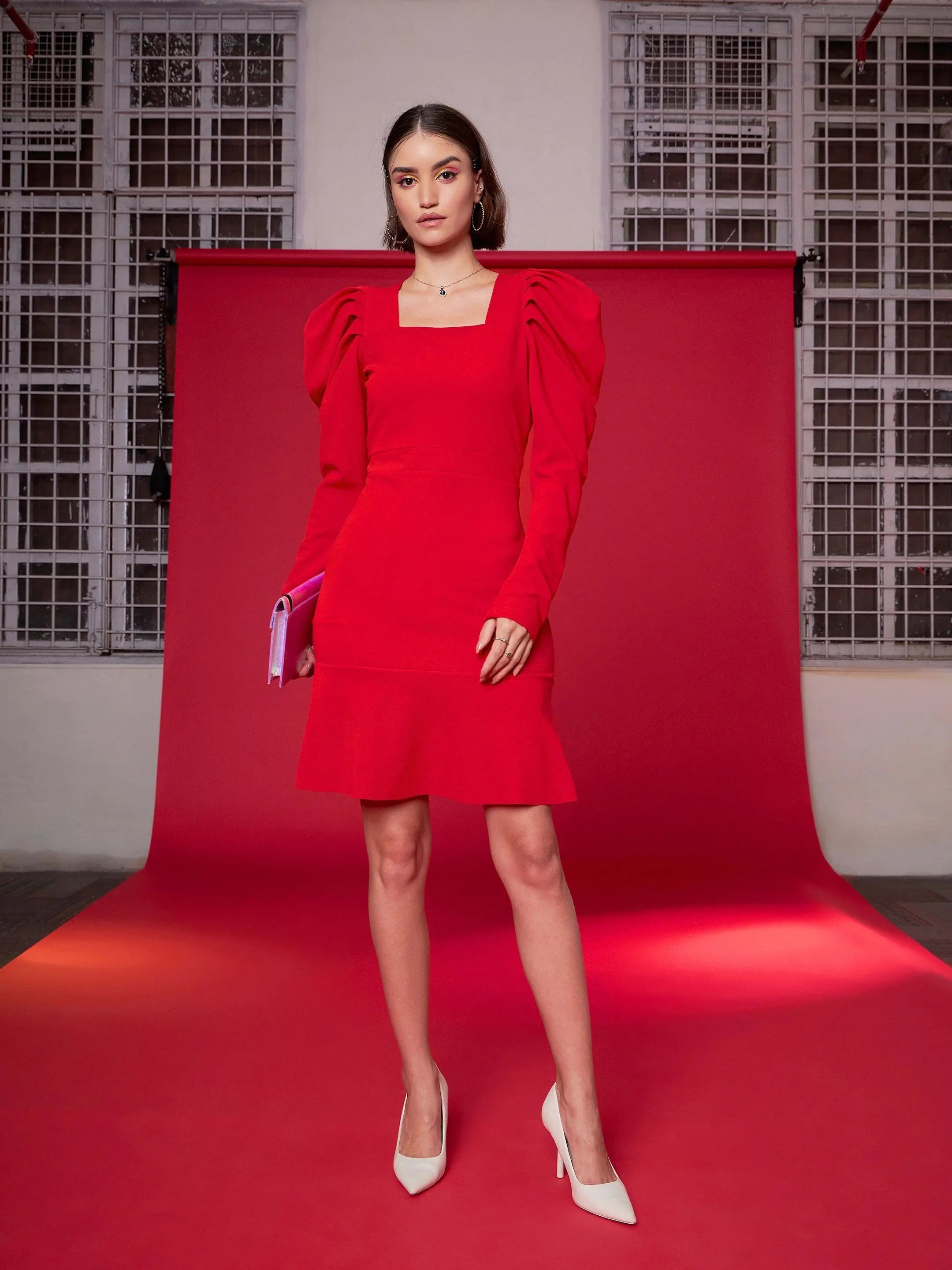 Striped dresses for womenWomen Red Puff Sleeves Frill Hem Bodycon Dress