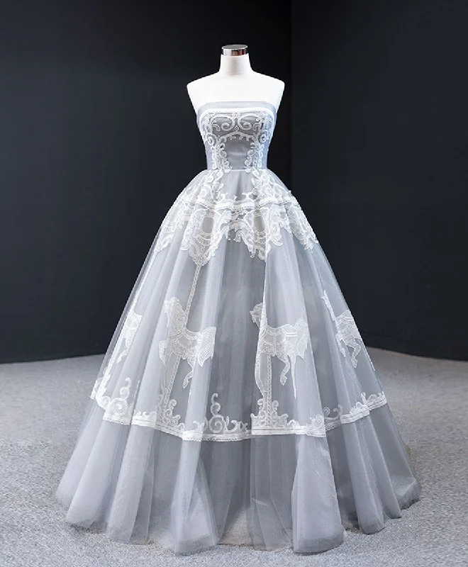 Fit-and-flare dresses for womenGray Sweetheart Tulle Lace Long Prom Dress Gray Tulle Formal Dress