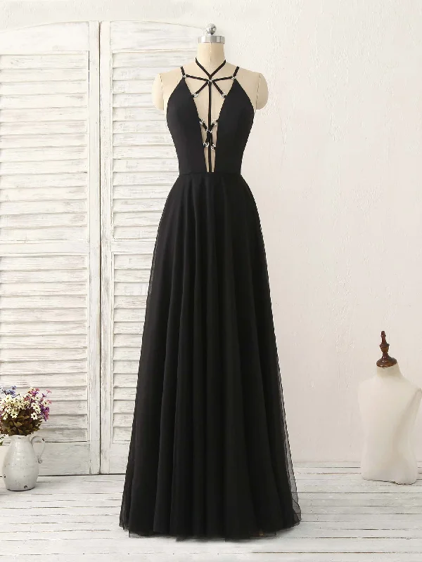 Silk dresses for womenBlack Tulle Backless Long Prom Dress, Black Evening Dress