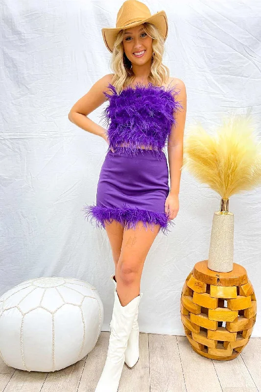 Gym wear dresses for athletic activitiesTwo-Piece Purple Strapless Feathers Homecoming Dress Gym wear dresses for athletic activitiesTwo-Piece Purple Strapless Feathers Homecoming Dress