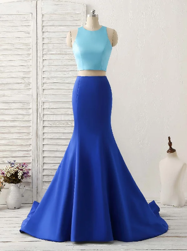 Vintage women's dressesRoyal Blue Two Pieces Satin Long Prom Dress, Blue Evening Dress