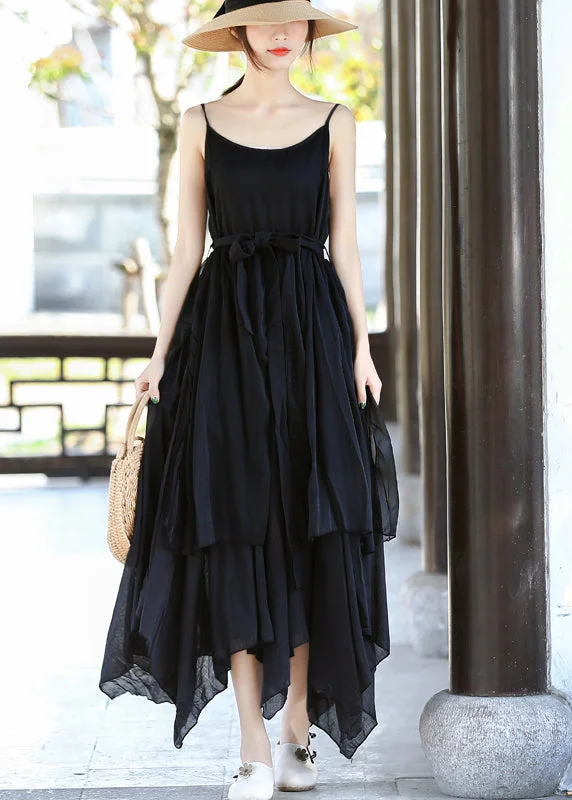 Short and sweet dresses for womenItalian Black Asymmetrical Design Tie Waist Cotton Spaghetti Strap Dress Summer Short and sweet dresses for womenItalian Black Asymmetrical Design Tie Waist Cotton Spaghetti Strap Dress Summer
