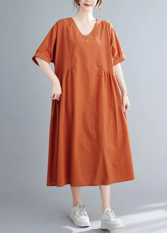 Cold-shoulder dresses for womenSolid Orange Patchwork Cotton Holiday Dress Wrinkled Short Sleeve Cold-shoulder dresses for womenSolid Orange Patchwork Cotton Holiday Dress Wrinkled Short Sleeve