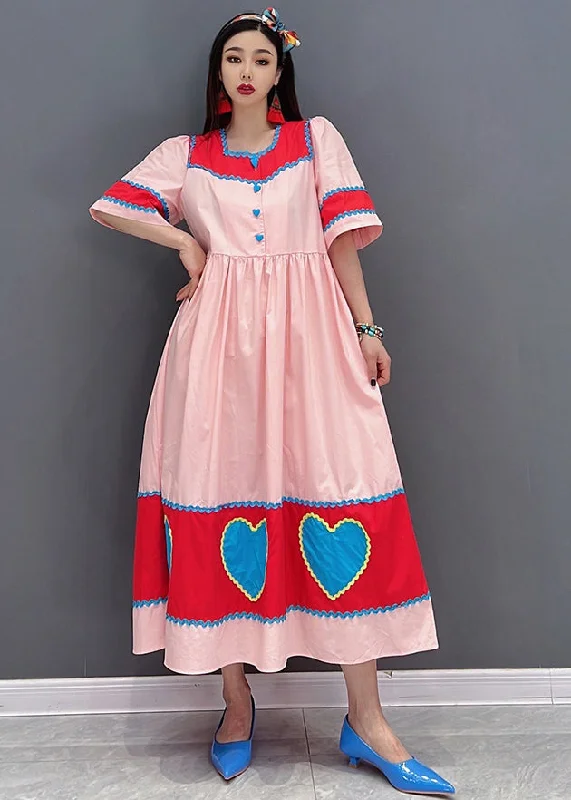 Tight-fitting dresses for womenItalian Pink Square Collar Patchwork Exra Large Hem Cotton Pleated Dress Short Sleeve Tight-fitting dresses for womenItalian Pink Square Collar Patchwork Exra Large Hem Cotton Pleated Dress Short Sleeve