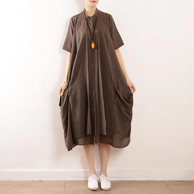 Cocktail dresses for womenWomen gray striped cotton Soft Surroundings stand collar pockets Plus Size Clothing v neck Dress