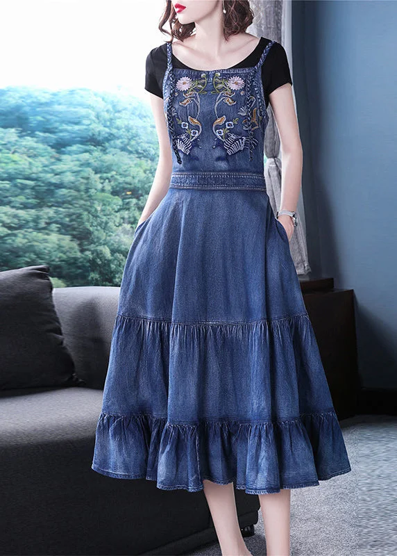 Strapless dresses for womenSlim Fit Blue Ruffles Embroideried Spaghetti Strap Cotton Denim Dresses Spring Strapless dresses for womenSlim Fit Blue Ruffles Embroideried Spaghetti Strap Cotton Denim Dresses Spring
