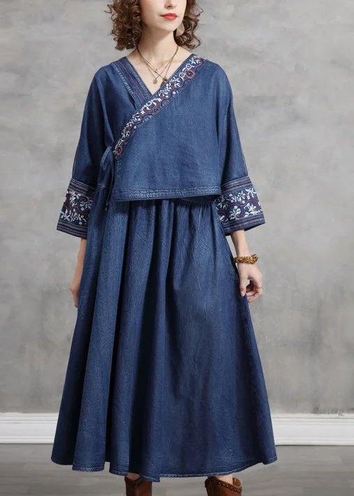 Sweetheart neckline dresses for womenFrench Blue Cinched V Neck Embroideried pocket Cotton Dresses Long Sleeve Sweetheart neckline dresses for womenFrench Blue Cinched V Neck Embroideried pocket Cotton Dresses Long Sleeve