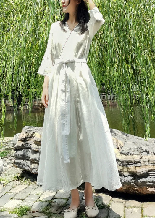 Long flowy dresses for womenStyle White Tie Waist Embroideried Pocket Cotton Long Dress Half Sleeve Long flowy dresses for womenStyle White Tie Waist Embroideried Pocket Cotton Long Dress Half Sleeve