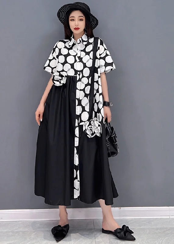 Flowy dresses for womenBlack Oversized Cotton Shirt Dress Patchwork Wrinkled Dot Print Short Sleeve Flowy dresses for womenBlack Oversized Cotton Shirt Dress Patchwork Wrinkled Dot Print Short Sleeve