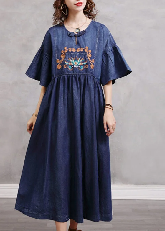 Round-neck dresses for womenStylish Blue O-Neck Cinched Embroideried Cotton denim Dresses Butterfly Sleeve Round-neck dresses for womenStylish Blue O-Neck Cinched Embroideried Cotton denim Dresses Butterfly Sleeve