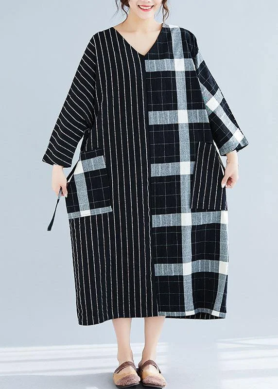 Bohemian women's dressesElegant black Plaid striped v neck patchwork Large pockets cotton spring Dress Bohemian women's dressesElegant black Plaid striped v neck patchwork Large pockets cotton spring Dress