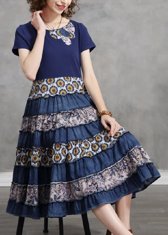 Off-the-shoulder dresses for womenFashion Blue O-Neck Cinched Patchwork Cotton pleated Dresses Short Sleeve Off-the-shoulder dresses for womenFashion Blue O-Neck Cinched Patchwork Cotton pleated Dresses Short Sleeve