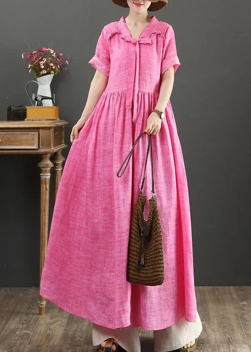 Plunging neckline dresses for womenWomen rose linen cotton clothes For Women v neck Bow Art summer Dress Plunging neckline dresses for womenWomen rose linen cotton clothes For Women v neck Bow Art summer Dress