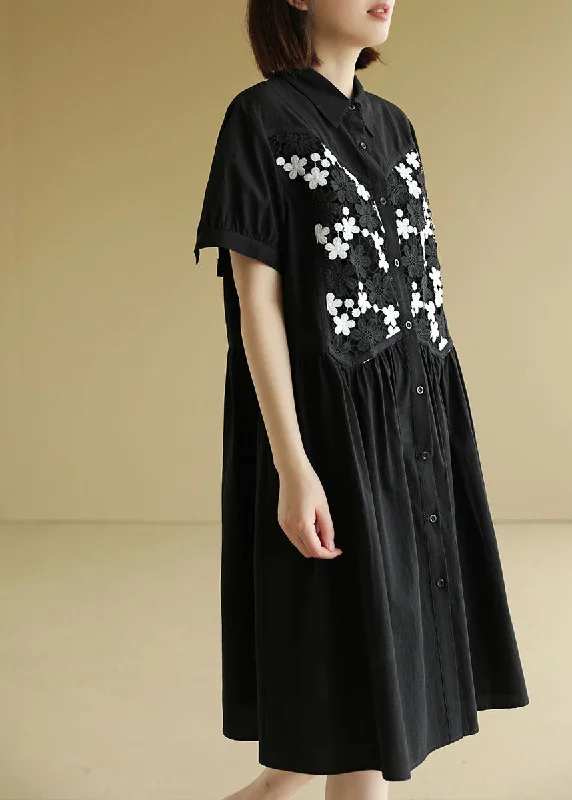 Satin dresses for womenWomen Black Button Peter Pan Collar Embroideried Cotton Shirt Pleated Dress Short Sleeve Satin dresses for womenWomen Black Button Peter Pan Collar Embroideried Cotton Shirt Pleated Dress Short Sleeve