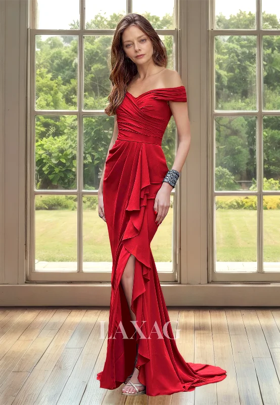 Velvet dresses for womenPleated Sweetheart Sleeveless Cocktail Gowns Off-Shoulder High Slit Mermaid Mother of the Bride Dress