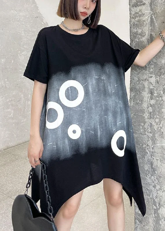 Sheath dresses for womenModern Black Circle Asymmetric Cotton Dresses Short Sleeve
