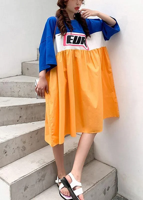 Godet dresses for womenElegant Blue White Patchwork Orange Summer Cotton Loose Dresses Half Sleeve Godet dresses for womenElegant Blue White Patchwork Orange Summer Cotton Loose Dresses Half Sleeve