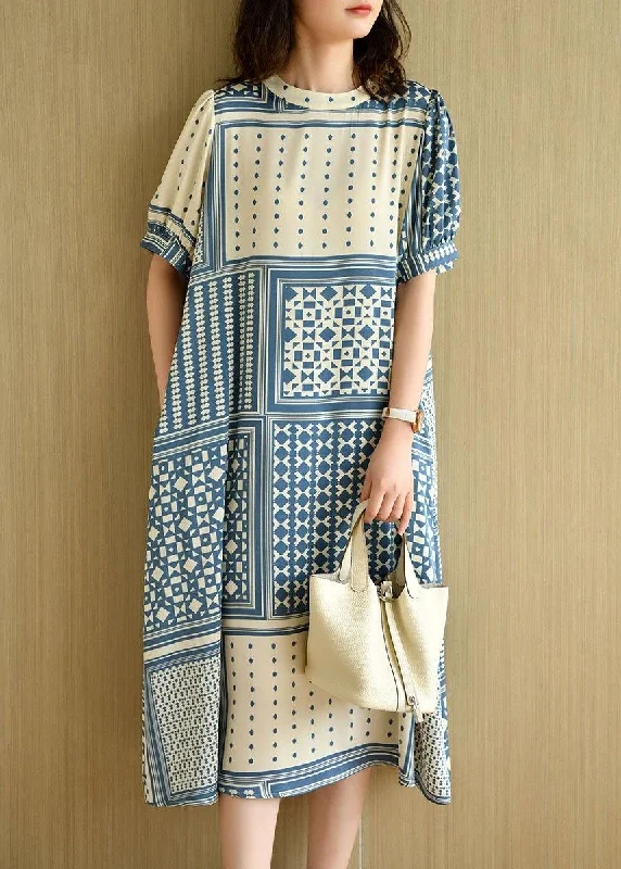 Plus-size dresses for womenLoose Blue O-Neck Print Summer Cotton Short Sleeve Dress