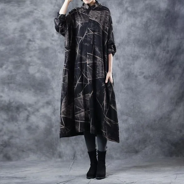 Peplum dresses for womenVintage Black High Neck Cotton Base Baggy Dresses For Women