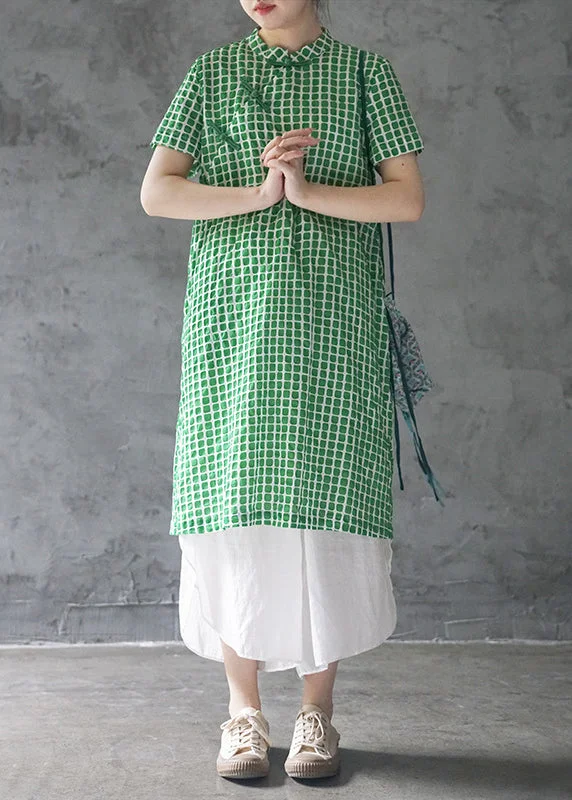 Patterned dresses for womenElegant Green Mandarin Collar Button Plaid Cotton Dresses Short Sleeve Patterned dresses for womenElegant Green Mandarin Collar Button Plaid Cotton Dresses Short Sleeve
