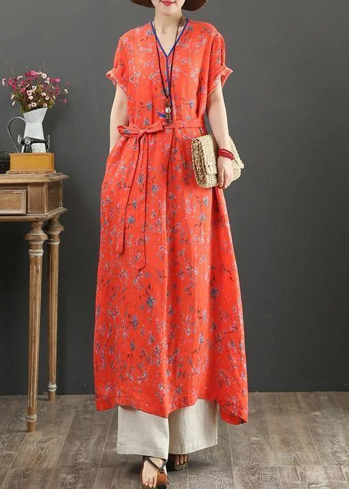 High-slit dresses for womenWomen red print cotton quilting clothes v neck tie waist Kaftan Dress High-slit dresses for womenWomen red print cotton quilting clothes v neck tie waist Kaftan Dress