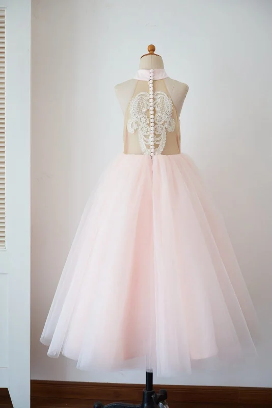 Floral dresses for womenHalter Neckline Ivory Lace Pink Tulle Sheer Back Wedding Flower Girl Dress