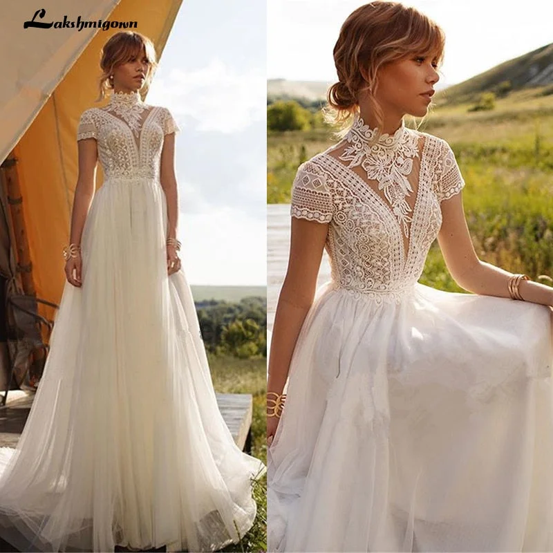 Statement dresses for making a fashion statementRoycebridal Vintage Boho Wedding Dress Lace Tulle High Neck Cap Sleeves A Line Bohemian Bridal Gowns  Ivory ELegant Bride Dress
