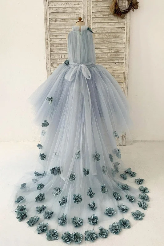 Beach dresses for casual outingsDusty Blue Tulle Hi-Low Wedding Flower Girl Dress Kids Party Dress, Sweep Train