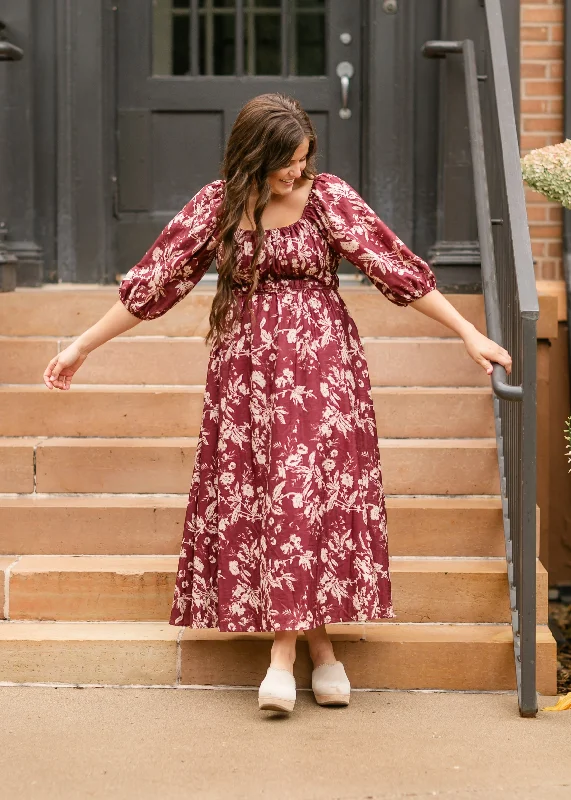 Backless dresses for womenFloral Textured Print Burgundy Midi Dress - FINAL SALE